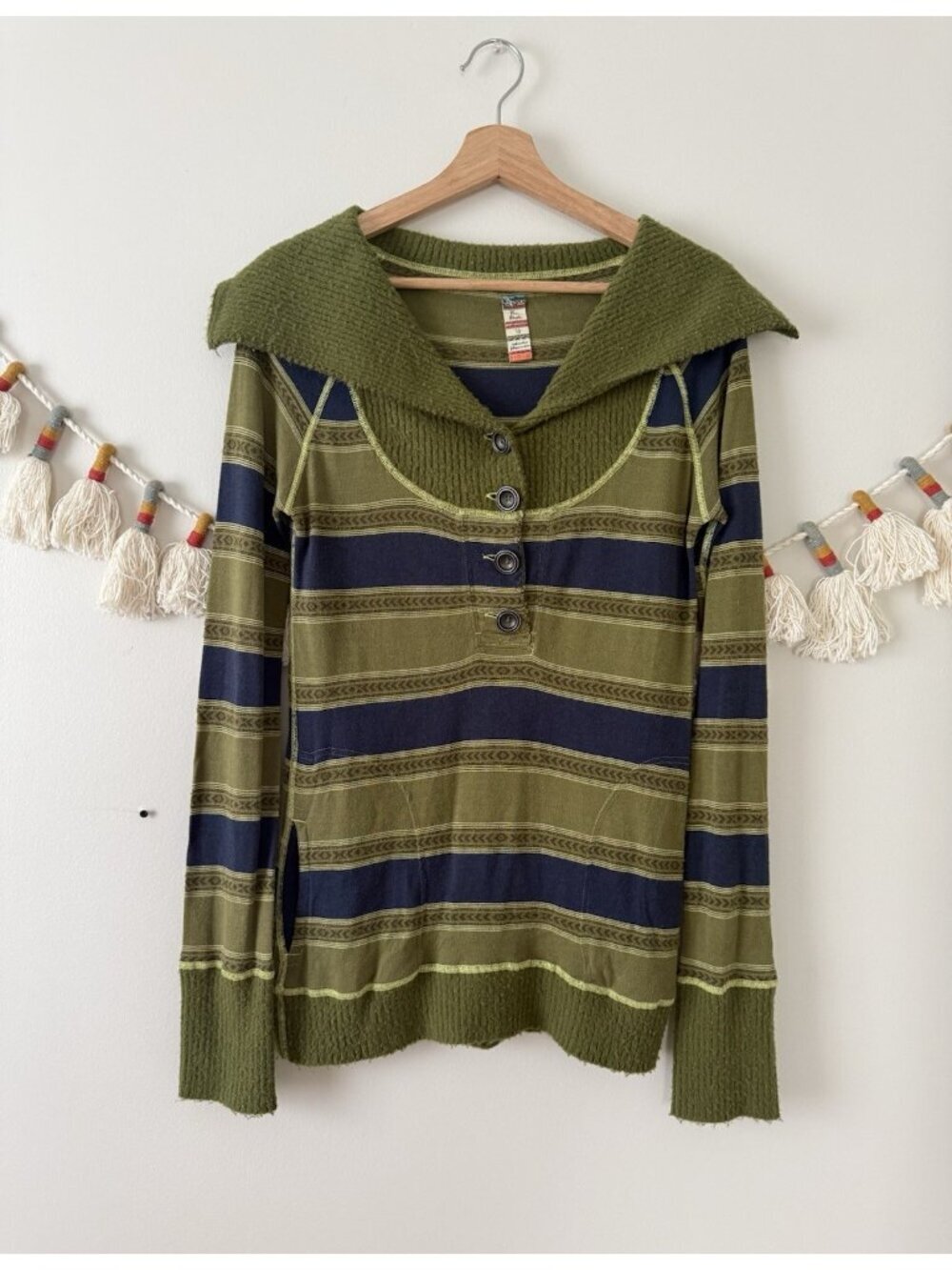 Vintage Free People Striped Hooded Long Sleeve Pullover Top Y2K Jumper Green